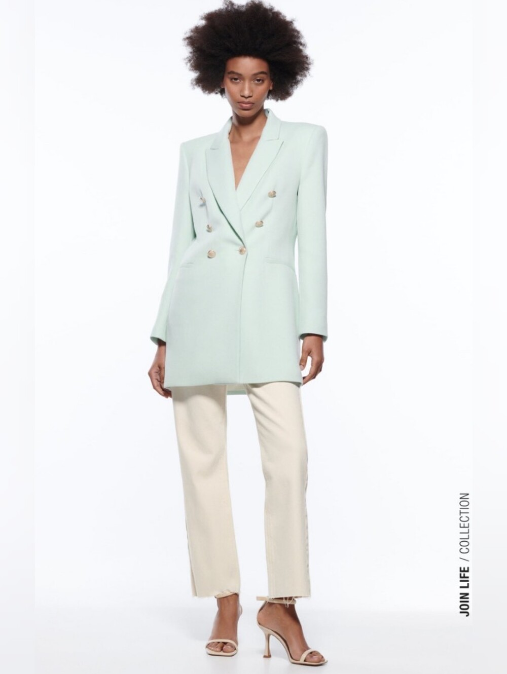 Zara Mint Green Double-Breasted Blazer Coat with Gold Buttons
